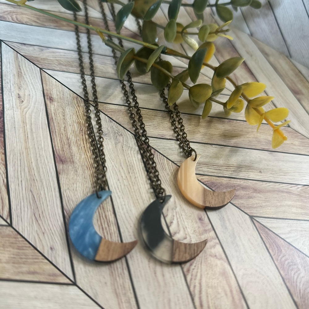 Wood and Acrylic Moon Necklacs